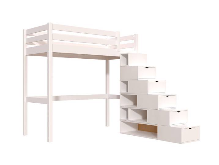Lit mezzanine bois 90x200 Sylvia avec escalier cube 90x200 Blanc