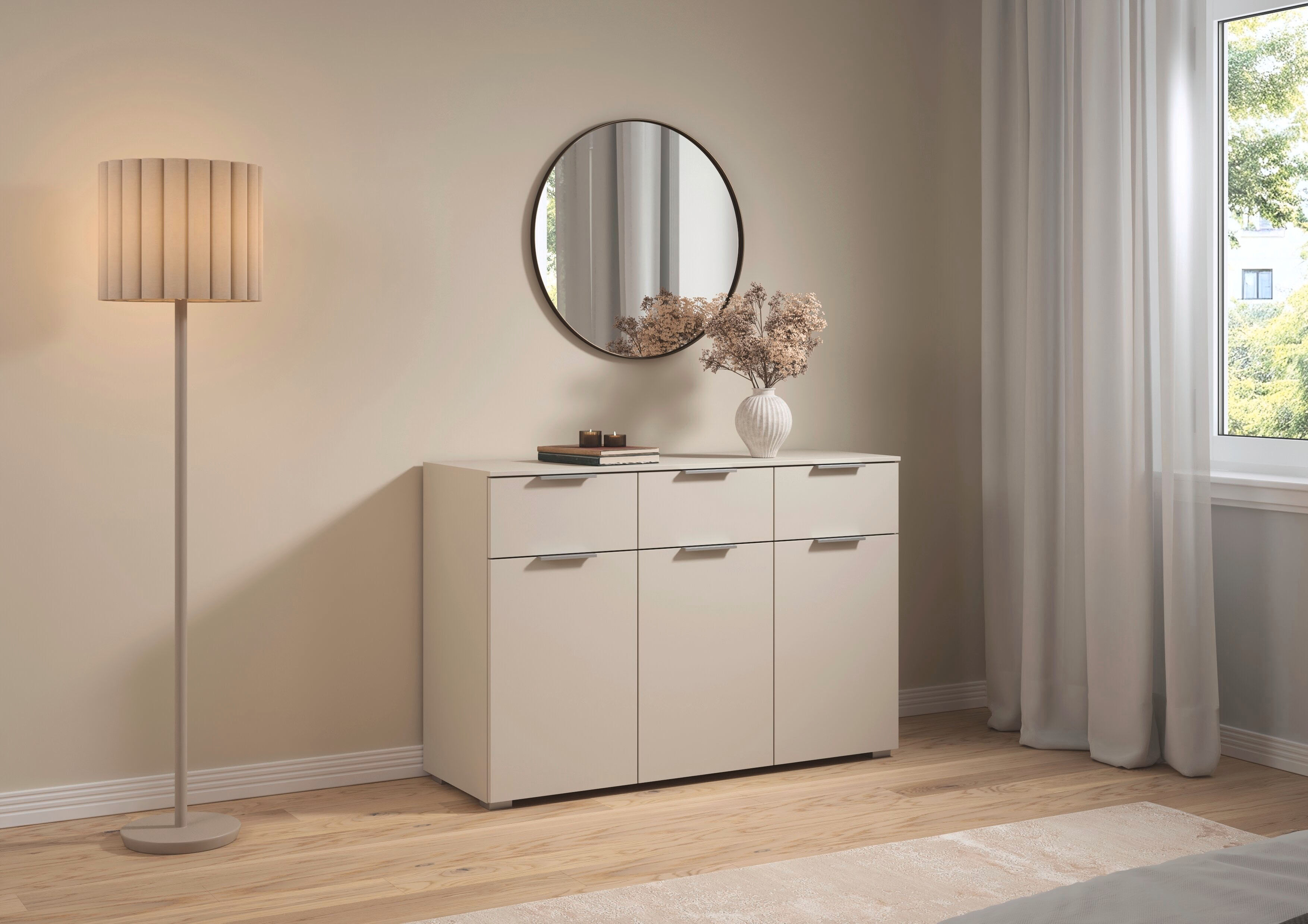 Kombikommode GOODPRODUCT "Kommode Sideboard Schubladenkommode Schlafzimmerkommode CORTONA", beige (beige (champagner)), B:120cm H:81cm T:42cm, Holzwerkstoff, Sideboards, Kombikommode, mit 3 Schubladen und 3 verstellbaren Einlegeboden MADE IN GERMANY beige