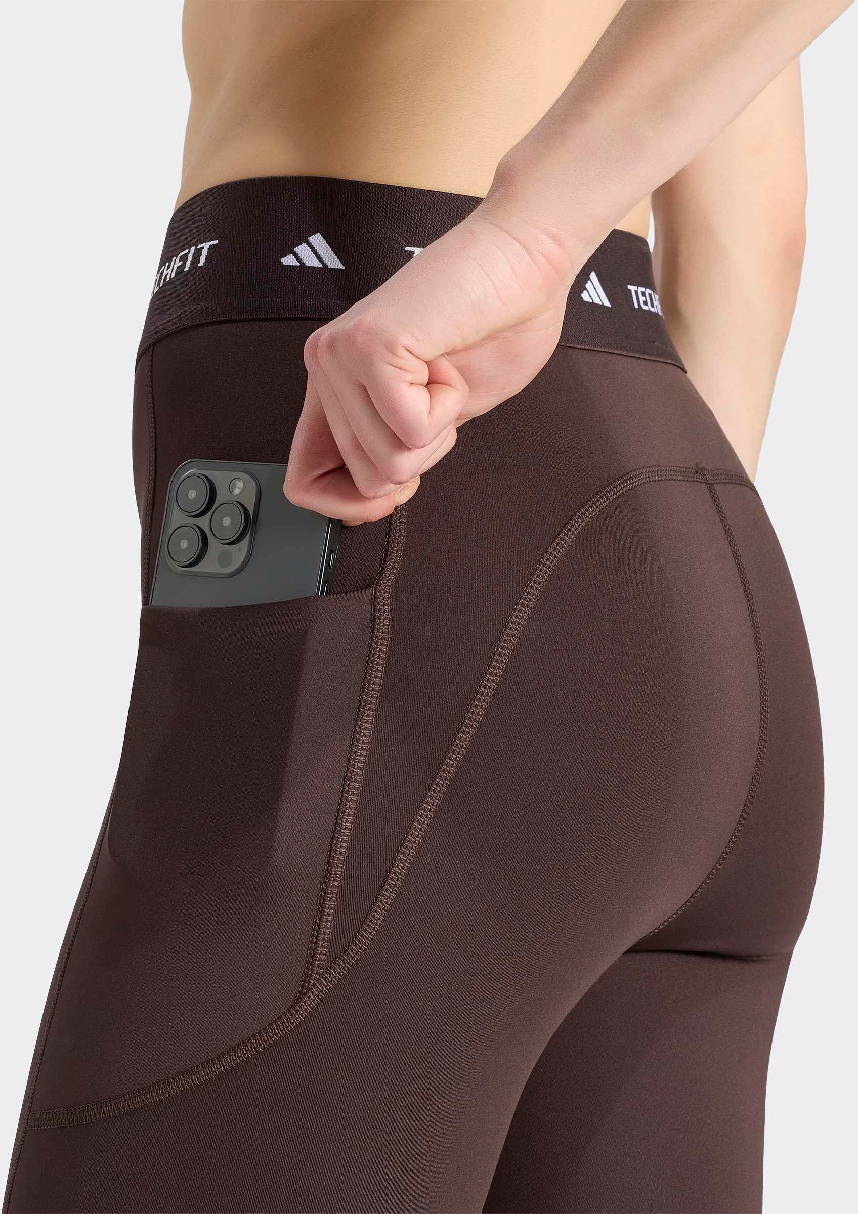 Trainingstights ADIDAS PERFORMANCE "TECHFIT STASH POCKET FULL-LENGTH LEGGINGS", Damen, Gr. XS, N-Gr, braun (aurora coffee, normal, gr.), Obermaterial: 73% Polyester, 27% Elasthan, Hosen Trainingstights, style sportif, pour entraînement, en polyester et él