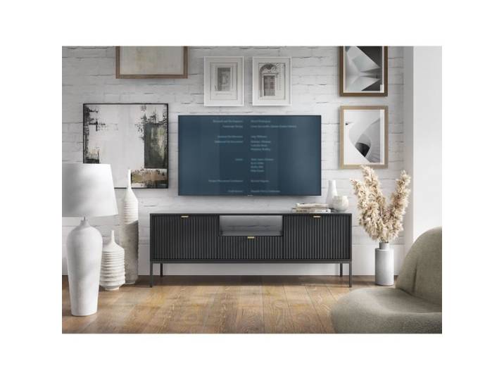 Meuble TV - SELSEY - VELLORE - 154 cm - Noir/Gris - Porte et tiroir