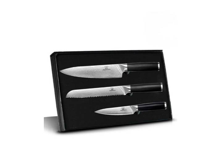 Küchenkompane Messer-Set Küchenkompane 3-tlg. Damast-Messerset Okami inkl. Chefmesser (3-tlg), 3-teiliges Set, 67 Lagen Damaststahl, 62 HRC, Edelstahlgriff