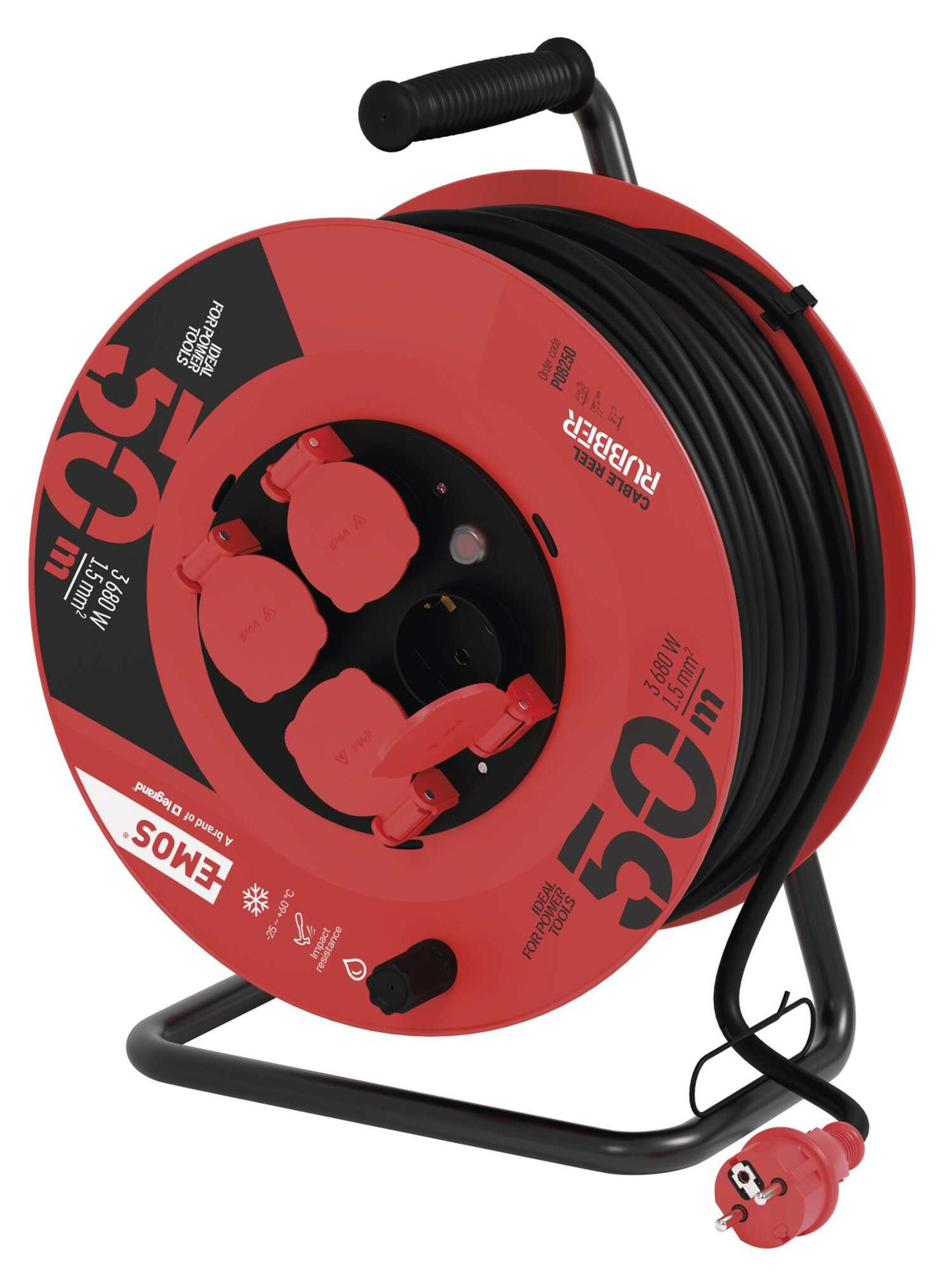 Emos Professionele kabelhaspel IP44 met 50 meter rubberen kabel en 4 Schuko-stopcontacten, P08250