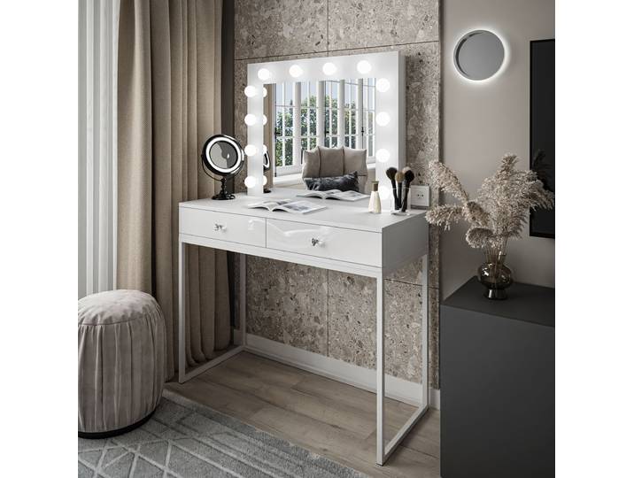 Schminktisch BLANCO LOFT mit Spiegel und Beleuchtung weiß Hochglanz mit Griffen