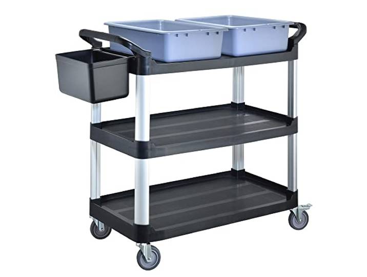 BPT Servierwagen mit 3 Böden Partition Küchenwagen,Tragfähigkeit 250 kg,Reinigungswagen im Restaurant，Hotel Schul Küche Abräumwagen Rollwagen (Servicewagen mit Becken&Eimer)