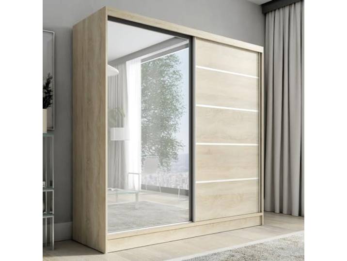 A&J MöbelLand Schwebetürenschrank Nero Kleiderschrank 2-türig mit Schubladen und Spiegel, Garderobe 200 cm (Sonoma)
