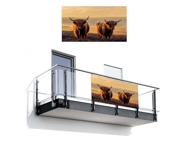 MuchoWow Balkon-Sichtschutz Schottische Hochlandbewohner - Heide - Landschaft - Tiere, Cognac, Kunststoff, Rechteckig, 200x110 cm, Sonnenschutz, Sichtschutz