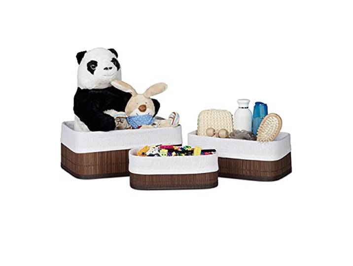 Relaxdays Boîte de rangement en bambou lot de 3 rectangle paniers ouverts HxlxP 13 x 30 x 20 cm avec revêtement tissu\, marron