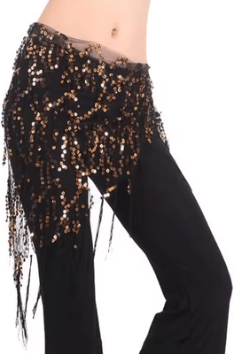 Inspire Curations Shimmering Sequin Belly Dance Hip Scarf Tassel Waist Belt For Performance & Festivals black Gold