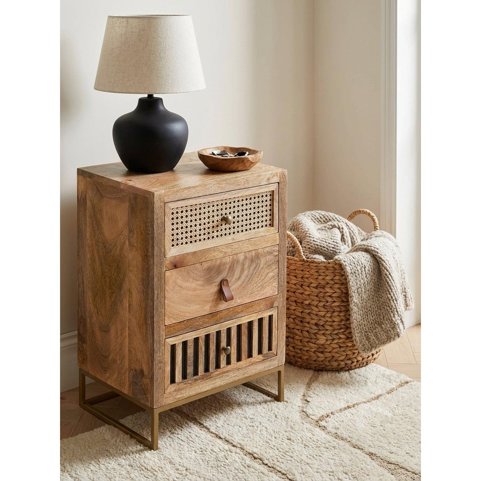 Nachttisch – Mango Massivholz/Metall, 40x60x30 cm, 3 Schubladen, Wiener Geflecht