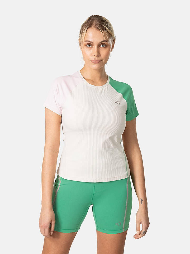 KARI TRAA Trainingsshirt "Linnea" in Creme/ Rosa/ Grün - M