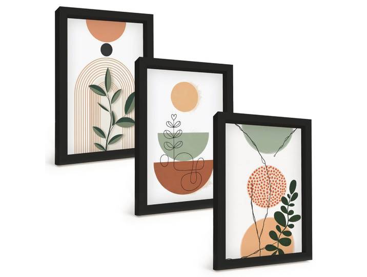 BILDER SET 3er Set - 20x30 cm Schwarzer Rahmen - Abstrakte Pflanzenformen