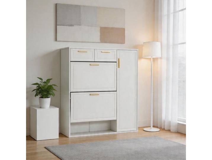 Armoire à chaussures - B95×D24×H107 5 cm - étagères réglables - poignées dorées - 2 tiroirs