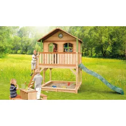 Kinderhaus mit Sandkasten Simon 212 x 432 x 293 cm - Gartenspielhaus Hemlockholz, Braun / Weiß , Blau - Kinder Holzspielhaus