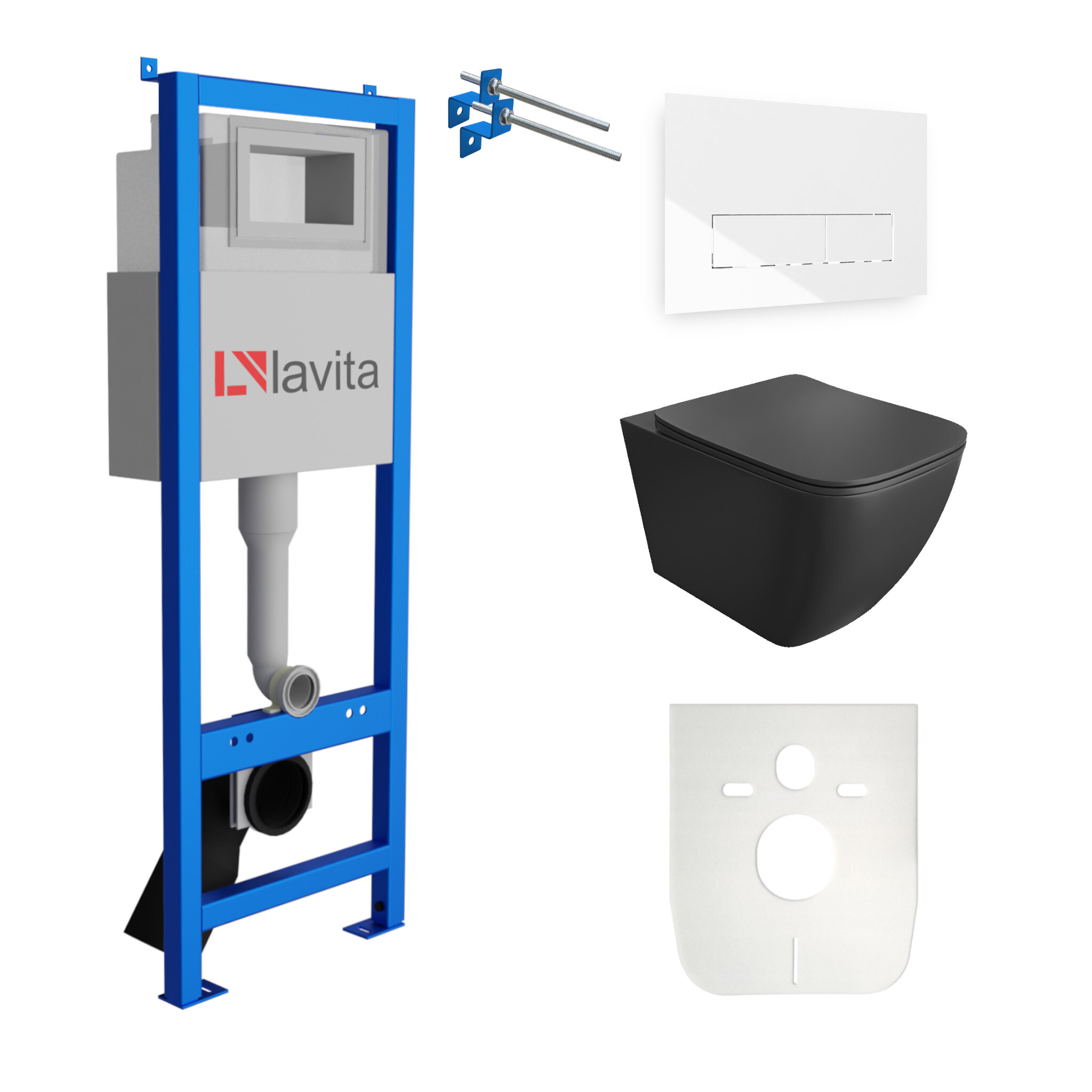 Lavita Vorwandelement inkl. Drückerplatte + Wand WC LINO BLACK ohne Spülrand+ WC-Sitz mit Soft-Close-Absenkautomatik (Drückerplatte OW) Schwarz