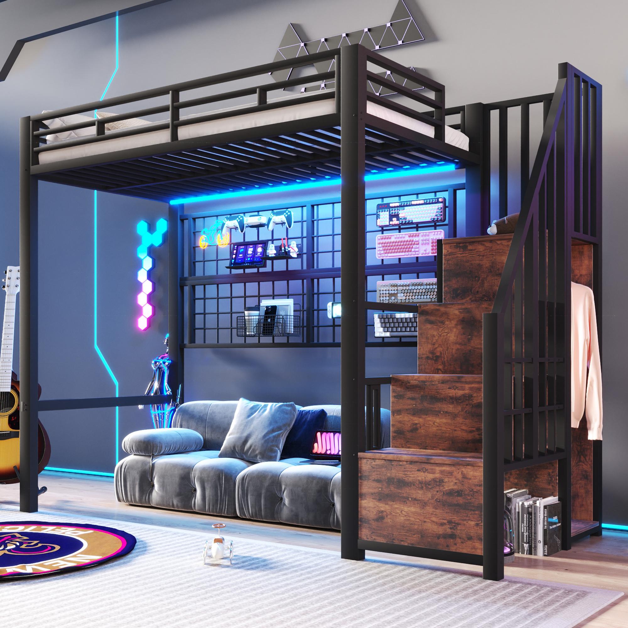 Hochbett 90x200cm mit Kleiderschrank, Leiter, Kleiderstange und 7-farbigem LED-Streifen, Metallbettgestell, Schwarz