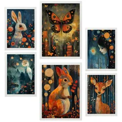 POSTER Set Mit 6 Kaninchen Schmetterling Eichhörnchen Hirsch Von Rosina Wachtmeister A3 & A4 Weißer Rahmen
