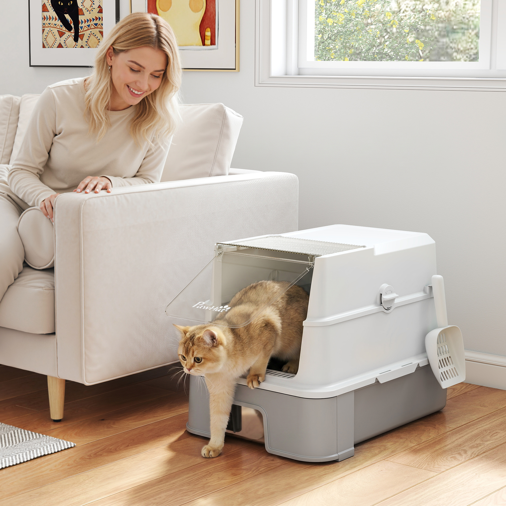 Pawhut 3 in 1 Lettiera Gatto Chiusa 68L con Coperchio, Vassoio Estraibile in Acciaio Inox, Paletta, Grigio   Aosom Italy
