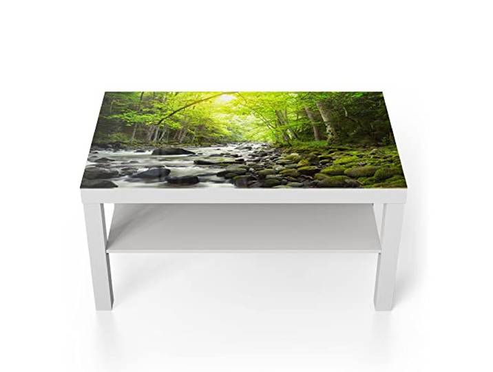 DEQORI Glastisch weiß groß 90x50 cm Motiv Steiniges Flussbett ausgefallener Beistelltisch aus Glas Hochglanz Couchtisch fürs Wohnzimmer moderner Couch Tisch mit Design