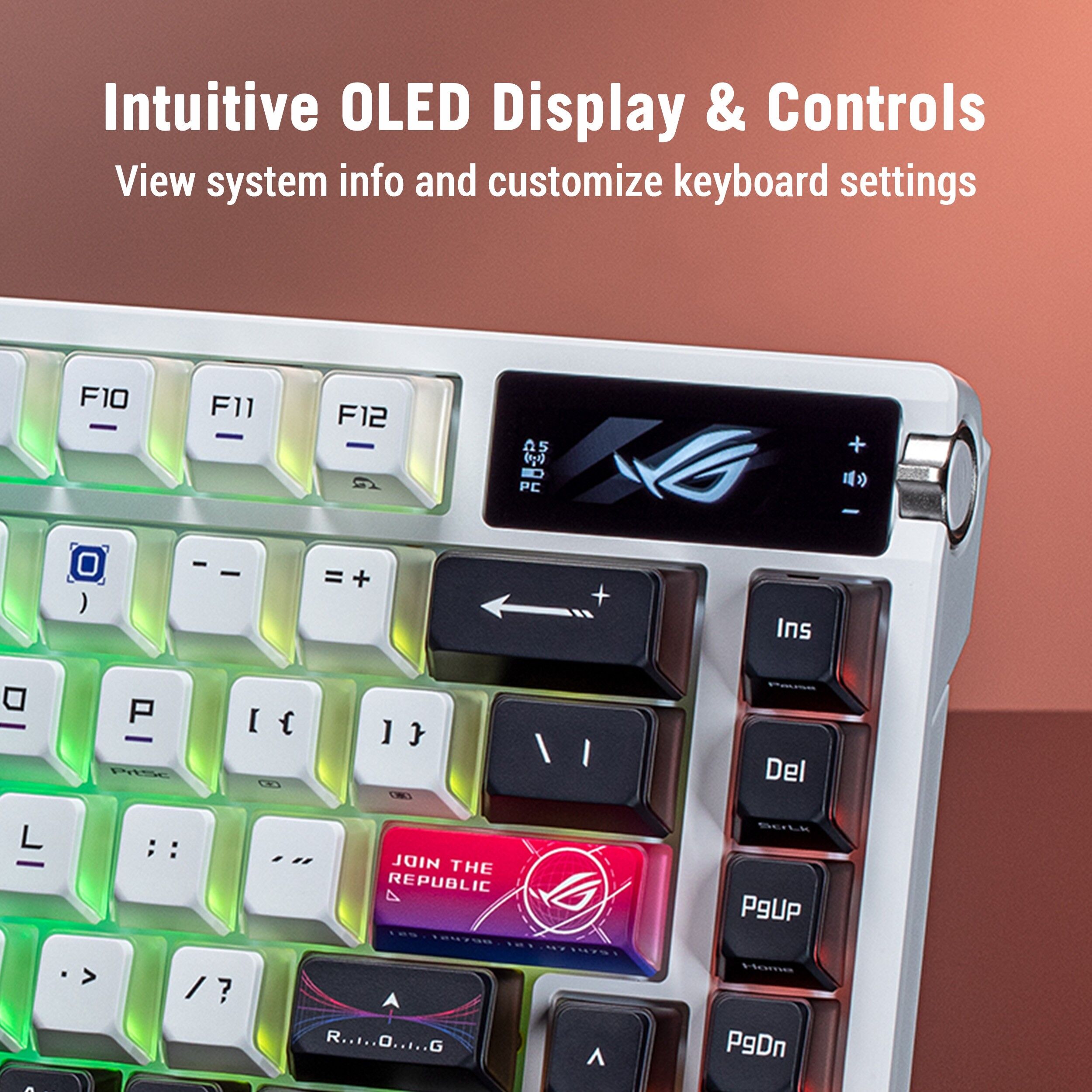 Asus ROG Azoth X 75% Form Factor OLED RGB Wireless Gaming Keyboard - ROG NX Snow V2 Mechanical Switches, Tri-Mode (Bluetooth / 2.4GHz / USB-C) - White