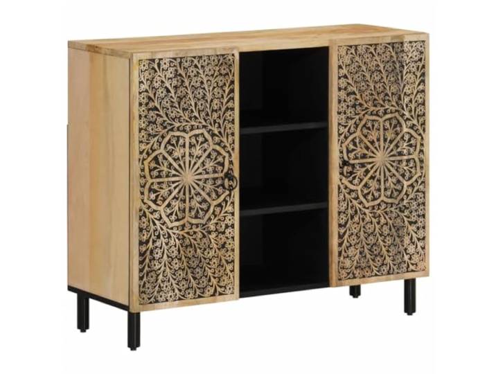 Fisinber Sideboard Massivholz Mango Beistellschrank 90x33x75 cm Handgeschnitzte Blütenmuster bringen eleganten Retro Charme in Wohnzimmer und Flur. Stabil und geräumig.