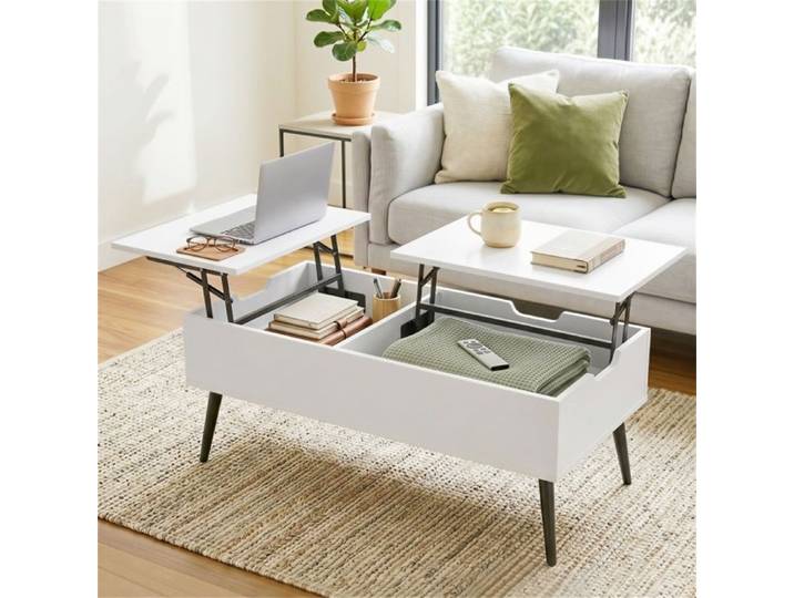 Table basse relevable avec coffre de rangement caché blanc - Table de salon à double plateau relevable indépendant