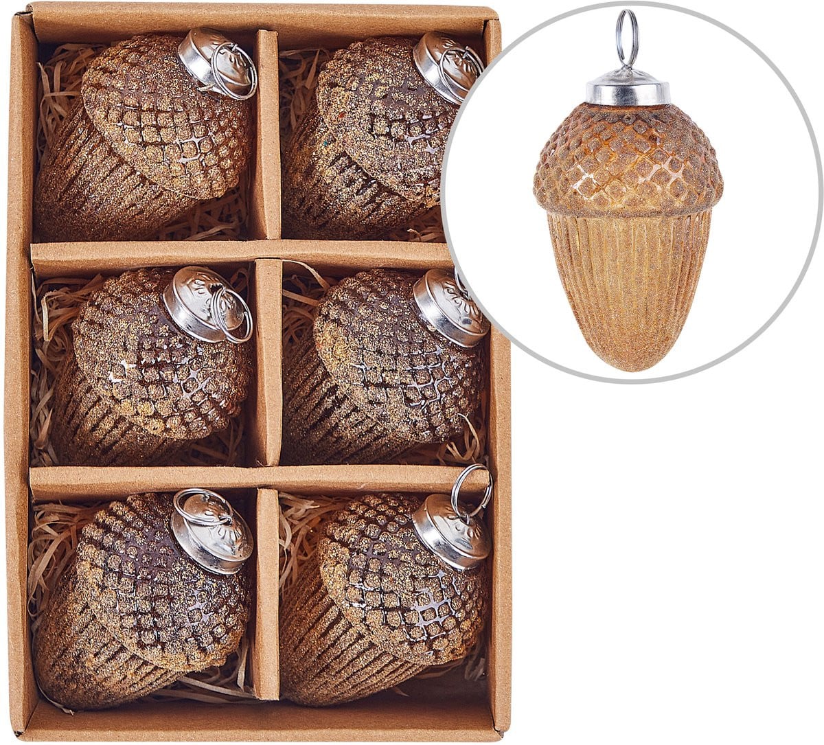 Beliani Set van 6 handgemaakte glazen kerstballen met eikel decoratie - Goud