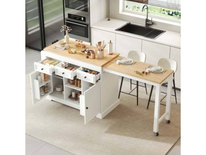 Îlot Central Cuisine Extensible Blanc sur Roulettes Desserte Mobile avec Tiroirs et Rangements Cuisine Norevia