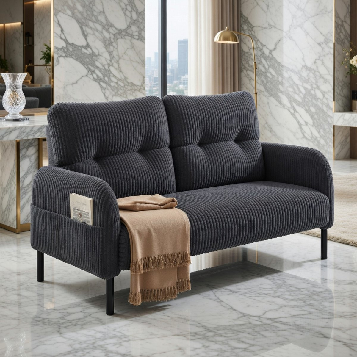 House&Garden Luxe 2-Zits Bank Corduroy in Grijs met Hoge Rugleuning en Opbergzakken