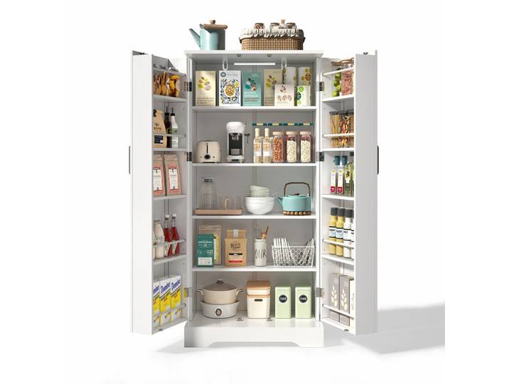 Modfu Vitrine aus MDF 60x35x128 cm Weiß mit LED-Sensorleuchte, höhenverstellbaren Einlegeböden und Doppeltür, 60x128x35 cm, Esszimmer, Vitrinen, Vitrinenschränke