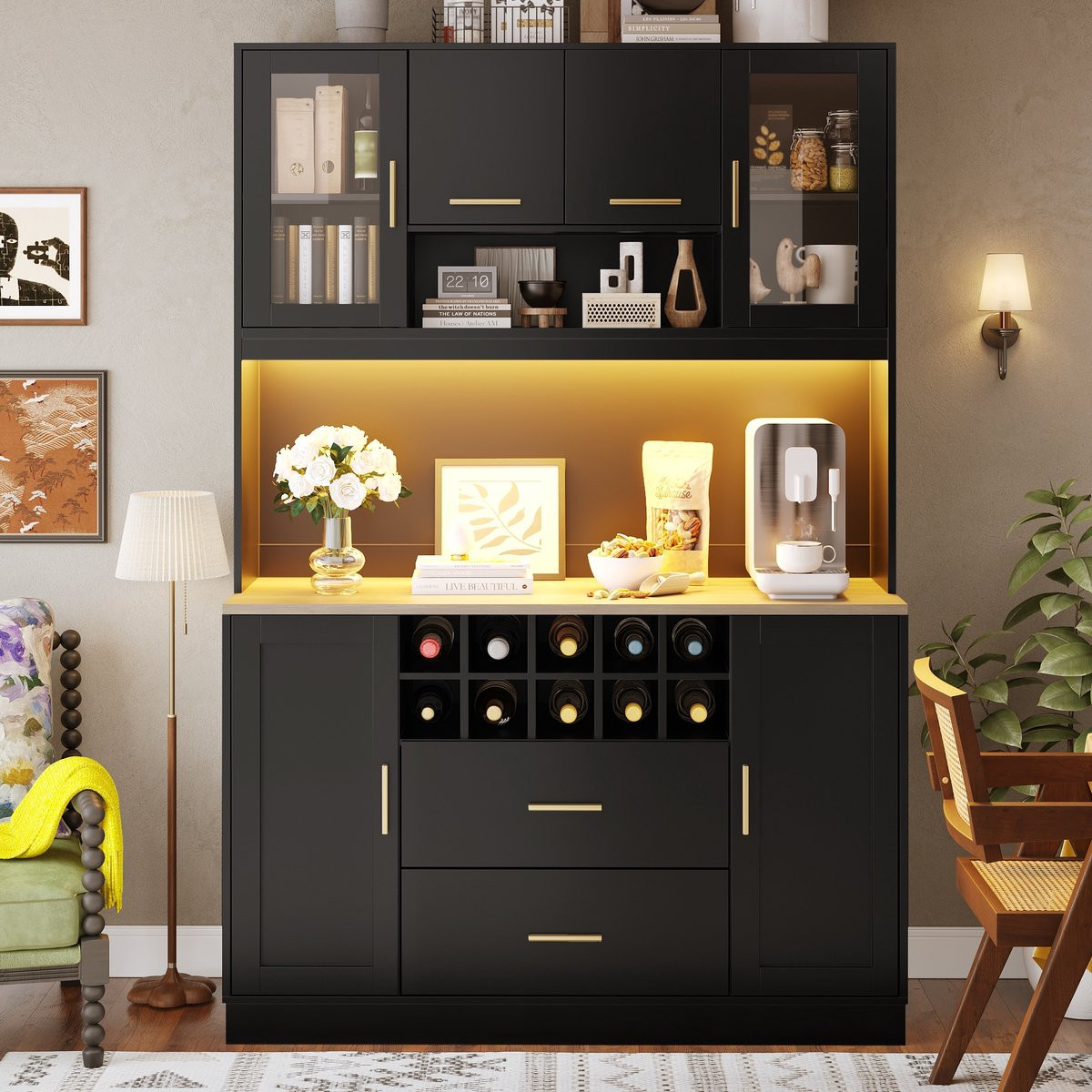 Sweiko Keukenkast Dressoir met LED-verlichting, 2 Lades en Wijnrek - Zwart