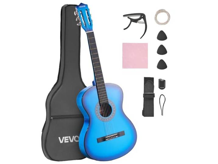 VEVOR Guitare Classique Débutants\, 96 cm\, avec Cordes Nylon\, Housse de Transport\, Sangle\, Accordeur\, Cordes Supplémentaires\, Médiators\, Capodastre\, en Tilleul\, pour Adolescent\, Adulte\, Étudiant\, Bleu