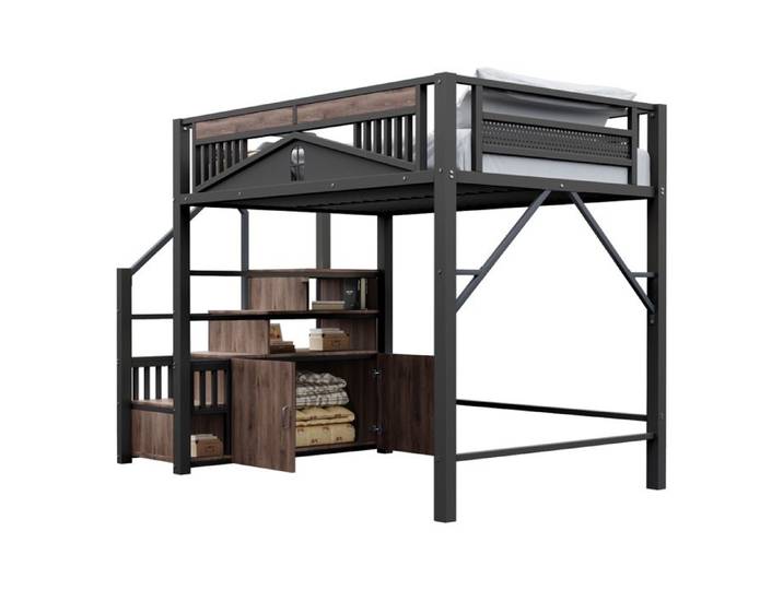 VLIVRA Lit mezzanine 140×200 cm Lit Double - escalier avec rangements placard et barrière sécurité - sans matelas - Noir