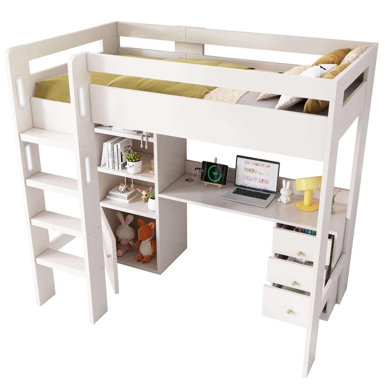Kinderbett Hochbett mit USB-C Schreibtisch, Kleiderschrank und Aktenschrank, Jugendbett Einzelbett mit Treppe und Lattenrost, Stauraum