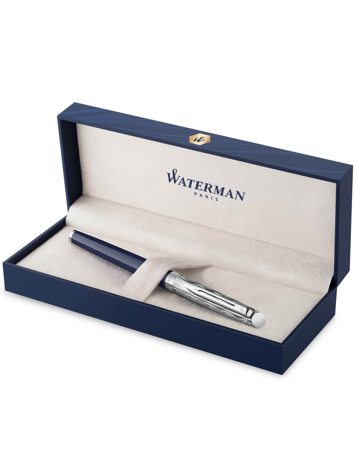 Waterman Hémisphère Füller | Metall und blaue Lackierung | ziselierte Kappe | Füllfederhalter mit feiner Edelstahlfeder | blaue Tinte | Geschenkbox |
