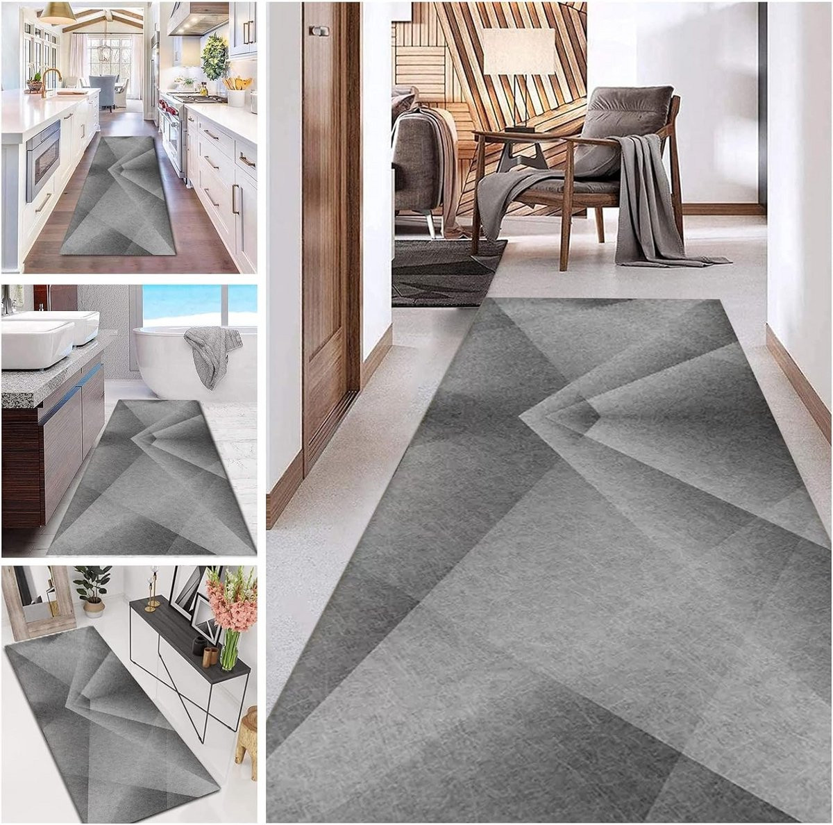 Lange Gangloper Runner Geometrisch Grijs - Antislip en Wasbaar Karpet voor Trap en Hal