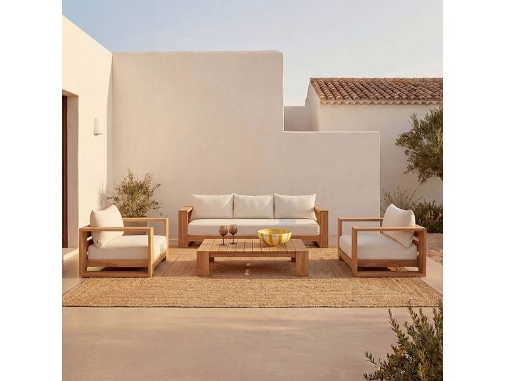 HABITAT - Canapé de jardin 3 places en teck massif et tissu déperlant - Naturel et blanc cassé - Calvia