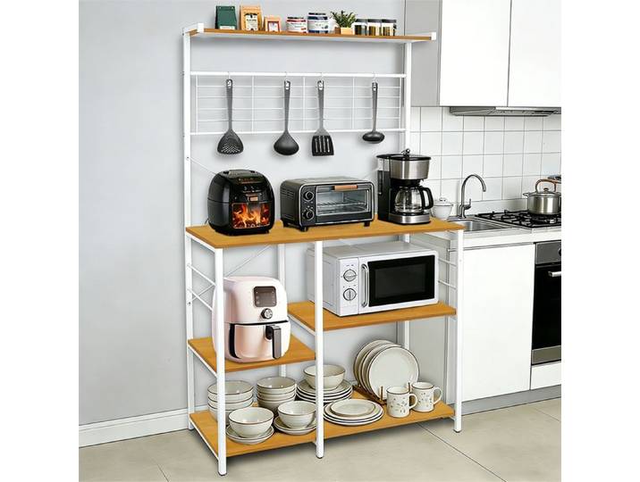 SUPFINE Étagère de Cuisine en Acier Bois - Desserte de Cuisine Industriel - Support pour Micro-Ondes (sans crochets) 90×40×168cm