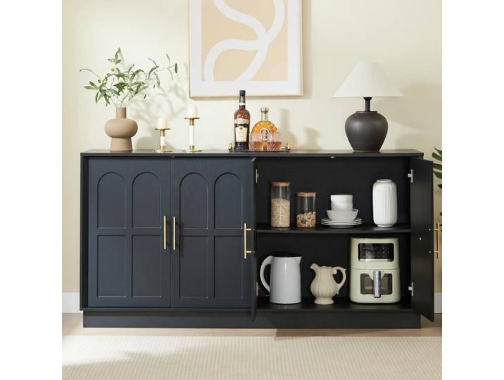 Buffet Bas 169 cm avec Portes et Rangement Ouvert - ELVMI - Design Moderne Salon MDF Noir