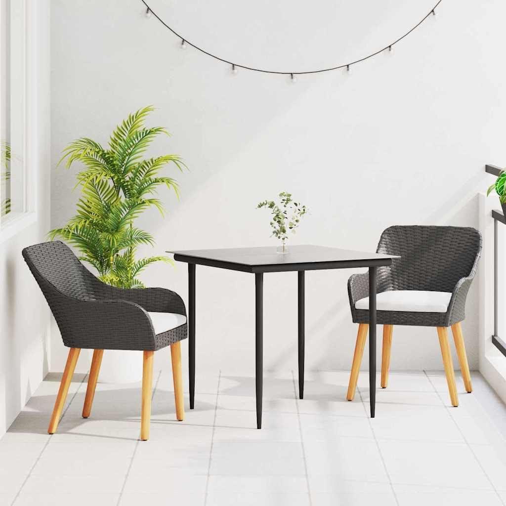 3-teiliges Garten-Essset aus schwarzem Poly-Rattan mit Kissen, wetterfest für Terrasse und Außenbereich, für 2 Personen