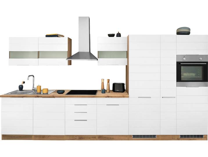 Küchenzeile, Weiß Matt & Wotaneichefarben, 390x60 cm, MDF, Mit E-Geräten, Modern