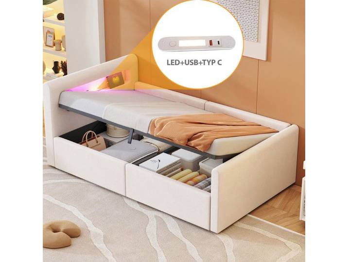 Lit rembourré pour enfants - 90x200 cm - LED - Veilleuse - Rangement hydraulique