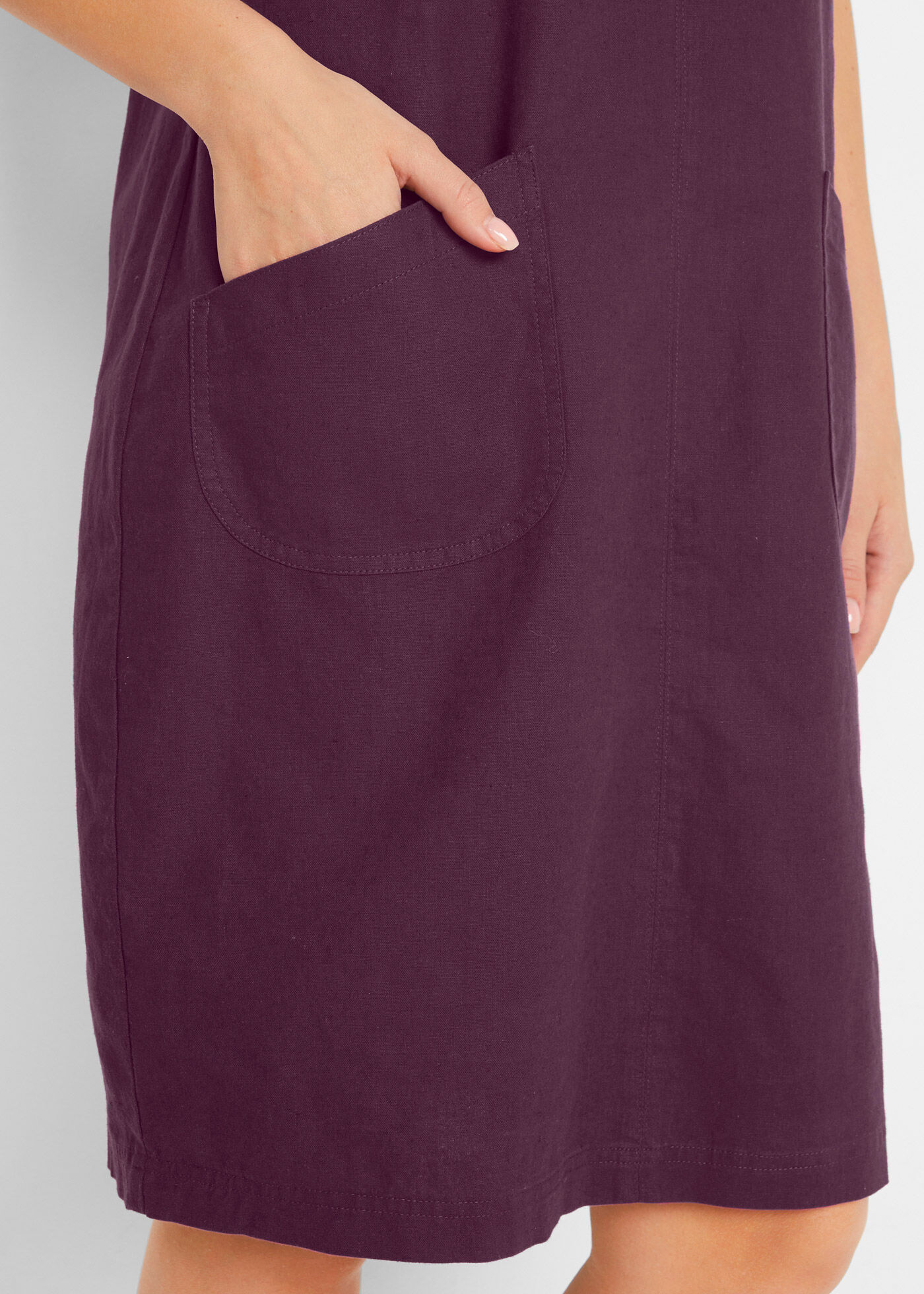 Minikleid BONPRIX "Minikleid mit Leinen", Damen, Gr. 44, N-Gr, Kurzarm, lila (holunderbeere), Obermaterial: 55% Leinen, 45% Baumwolle, A-Linie, Kleider Minikleid, für warme Tage, aus Leinen und Baumwolle, A-Linie, mit V-Ausschnitt holunderbeere 44, N-Gr, 