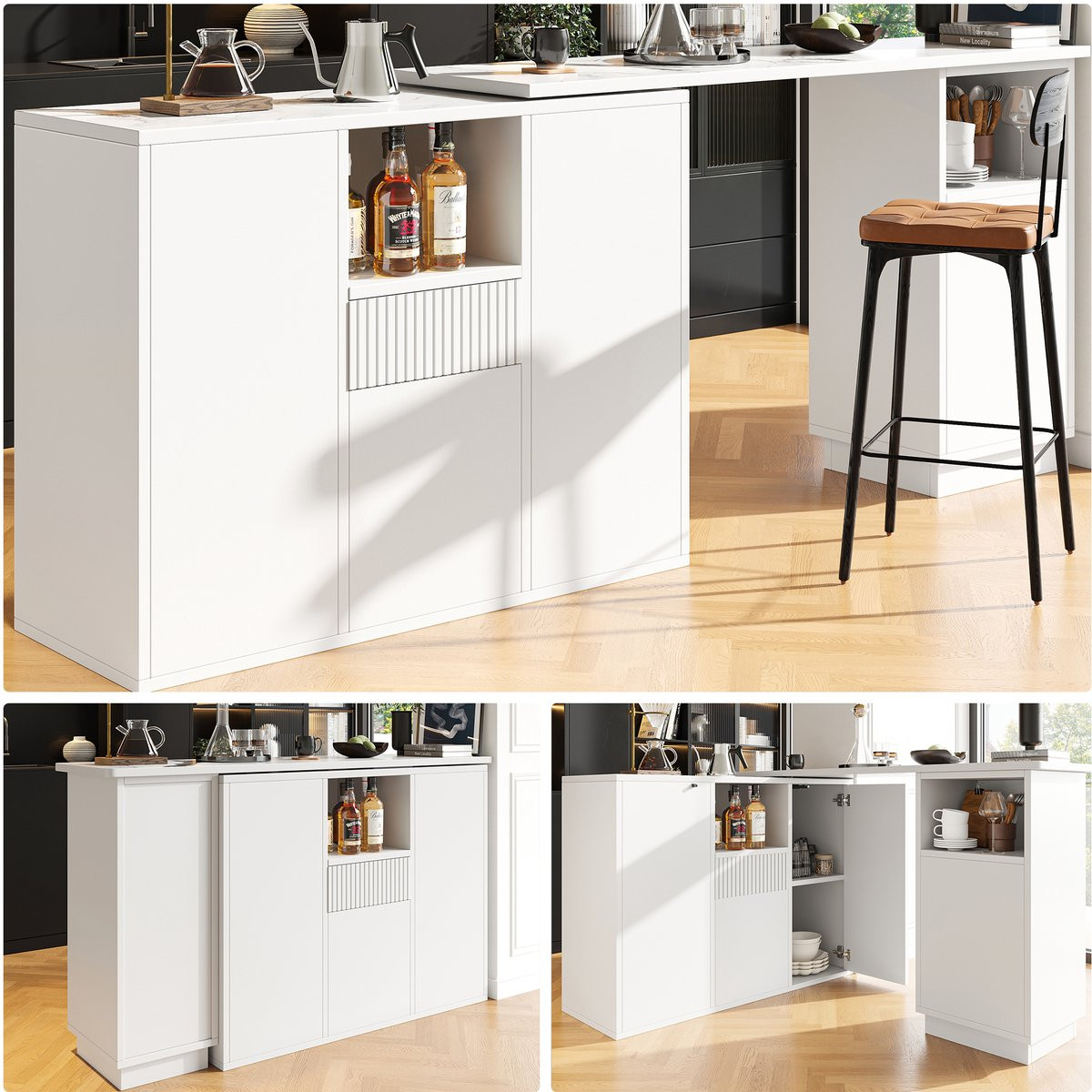 Draaibare Bartafel 360 graden met opbergruimte in marmerlook wit