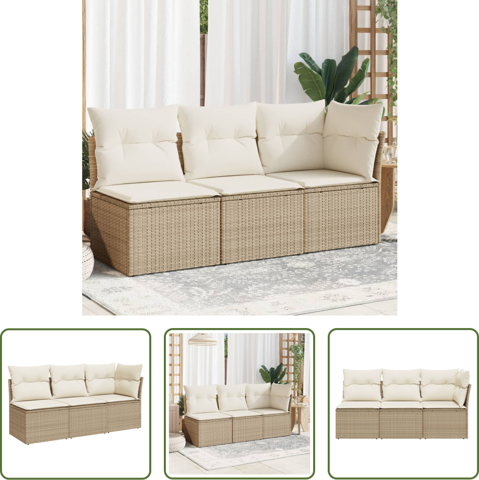 The Living Store Gartensofa mit Kissen 3-Sitzer Beige Poly Rattan