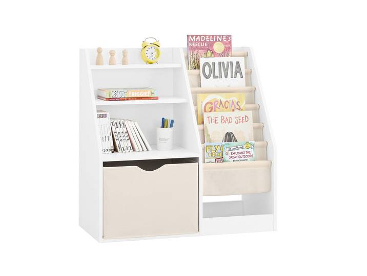 SoBuy Kinder-Bücherregal mit Stofftaschen, 80x80x40cm Weiß, Holzwerkstoff, 80x80x40 cm, Baby- und Kindermöbel, Babyzimmer, Babyregal & Kinderregal