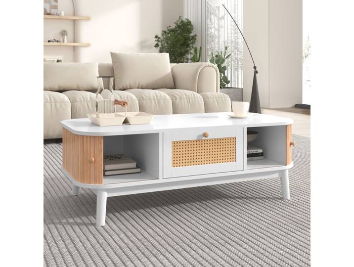 Nouvelle table basse design de haute qualité. Table basse en rotin tiroir en rotin et porte coulissante à lattes en bois massif