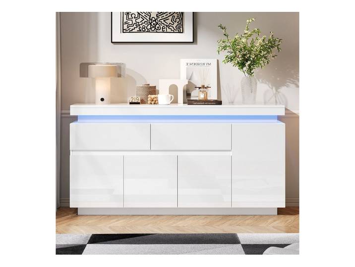 KLAM HOME Sideboard Hochglänzendes Weißes Sideboard 140x35x72,5cm (2 Schubladen + 4 Türen + LED-Beleuchtung), Wohnzimmerschrank Anrichte mit Verstellbaren Böden