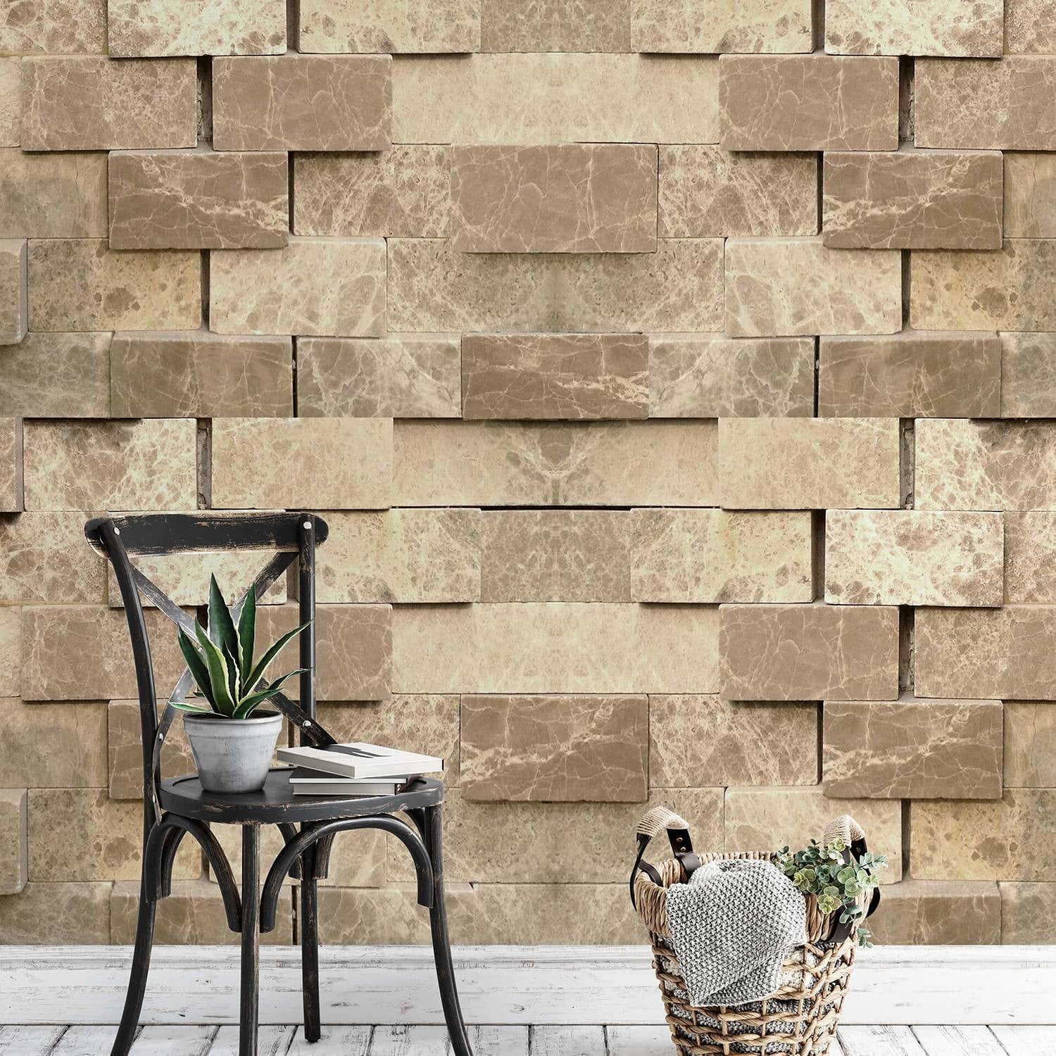 home24 Fotobehang 3D Stone Wall, Beige, Abstract Stone Look, Breedte: 300 cm