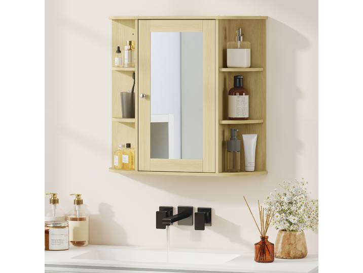 HOMCOM Armoire Murale Salle de Bain avec Miroir Bois Naturel