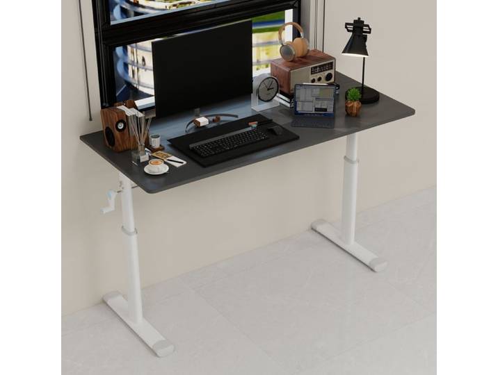 Bureau Réglable en Hauteur avec Manivelle Assis Debout - pour Maison et Bureau - en Métal et Bois - Gris